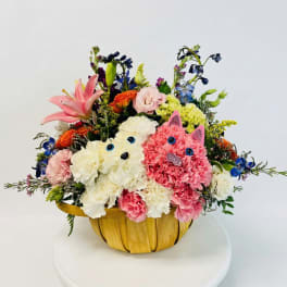 Colorful flower arrangement in a woven basket with two cat faces