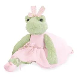 Plush green frog in a pink dress with a bow and tail