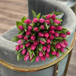Bouquet of bright pink tulip buds with green leaves
