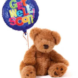 Teddy bear with a blue "Get Well Soon!" balloon