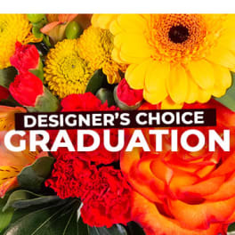 Bright mixed bouquet with yellow, red, and orange flowers and graduation text