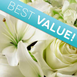 White lilies and roses with a blue "BEST VALUE!" banner