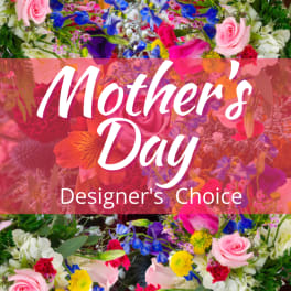 Mother's Day designer's choice floral arrangement with pink, red, blue, and yellow blooms