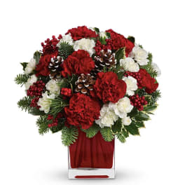 Red and white carnations in a red glass vase with pinecones