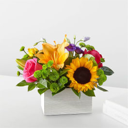 Bright mixed bouquet in a white rectangular box with roses, lilies, and a sunflower