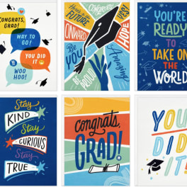 Six colorful graduation greeting cards with congratulatory messages.