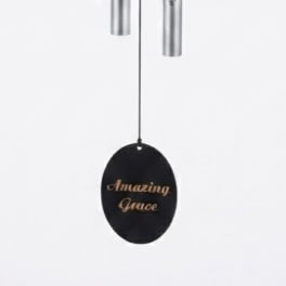 Black hanging wind chime with silver tubes and an oval "Amazing Grace" tag