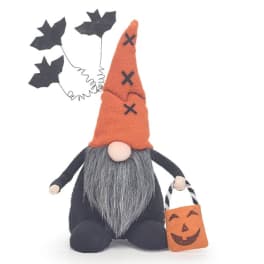 Halloween gnome plush with orange hat and pumpkin bag