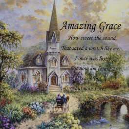 Painting of a church with the words Amazing Grace over a garden scene