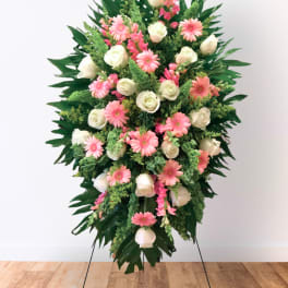 Standing floral spray with pink daisies and white roses