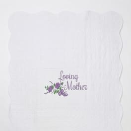 White quilted blanket with a purple "Loving Mother" floral design