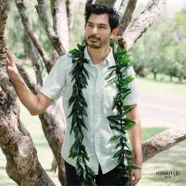 Man wearing a dark green leaf lei outdoors