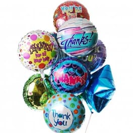 Cluster of colorful thank-you balloons with metallic star balloon