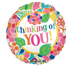 Round foil balloon with colorful floral pattern and "thinking of YOU!" text