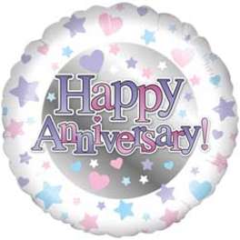 Round balloon with "Happy Anniversary!" text and pastel hearts and stars