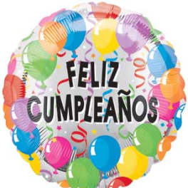 Round birthday balloon with "Feliz Cumpleaños" text and colorful balloons