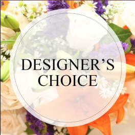 Designer’s Choice floral arrangement with white, purple, and orange blooms