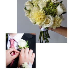 White bridal bouquet and matching boutonniere with cream flowers