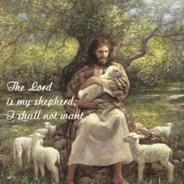 Religious artwork of a robed man holding a lamb, seated under a tree with sheep around him.