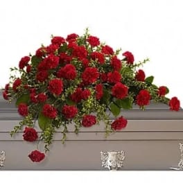 Red carnation spray arranged on a gray casket