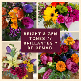 Collage of colorful mixed flower bouquets with bright jewel tones