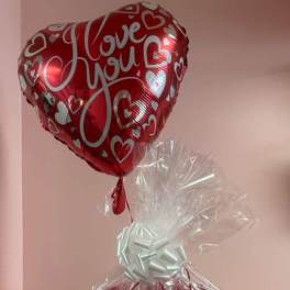 Red teddy bear gift with heart balloon and clear wrapping
