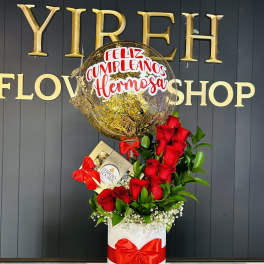 Red roses with a birthday balloon and chocolate box in a white gift box