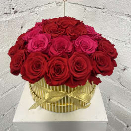 Round box of red and pink roses with a gold ribbon and card holder