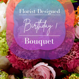 Birthday bouquet with pink roses and purple carnations