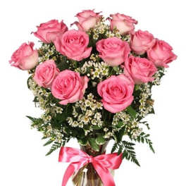 Pink roses in a glass vase with a pink ribbon