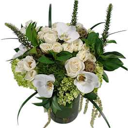 White roses and orchids arranged in a dark vase