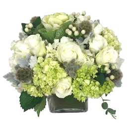 White roses and pale green hydrangeas in a glass vase