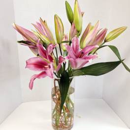 Pink and green lilies arranged in a clear glass vase