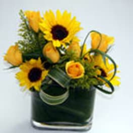 Sunflowers and yellow roses in a square glass vase