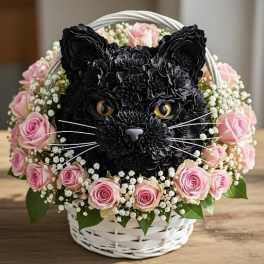 Black cat floral arrangement with pink roses in a white basket