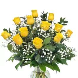 Yellow roses arranged in a clear glass vase with baby's breath