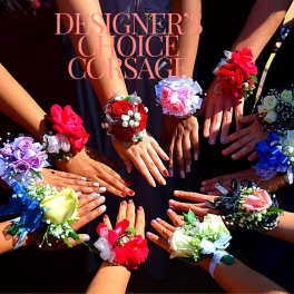 Hands wearing colorful corsages with roses and ribbons