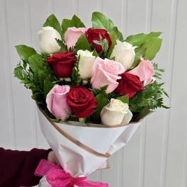 Romantic Mix Long-Stemmed Dozen Roses Wrapped Bouquet