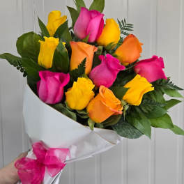 Bright Mix Long-Stemmed Dozen Roses Wrapped Bouquet