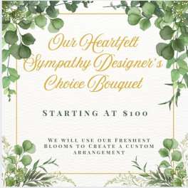 Sympathy bouquet sign with green foliage border and gold text