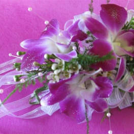 Purple orchid corsage with white ribbon and pearl accents