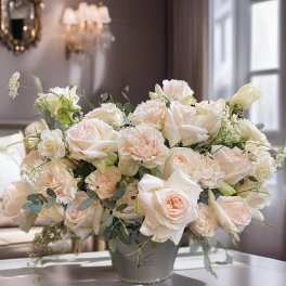 Cream roses and carnations in a gray vase