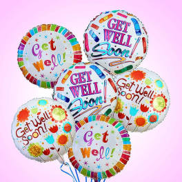 Cluster of colorful get well soon balloons on a pink background