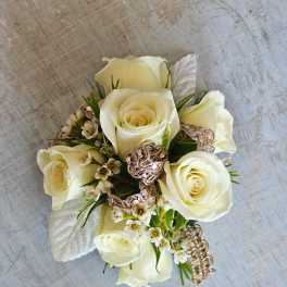 White spray rose wrist corsage
