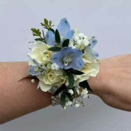 Blue and White Wrist Corsage