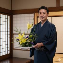 Man in a kimono holding a small floral arrangement on a tray