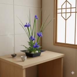 Blue iris arrangement in a black square bowl on a wooden table