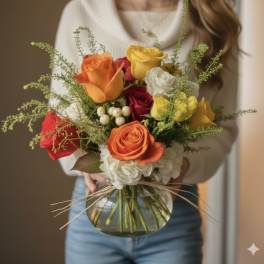 Mixed roses in a round glass vase with airy greenery