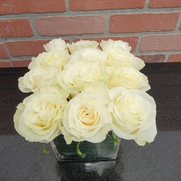 Low arrangement of pale cream roses in a square clear glass vase on a dark countertop