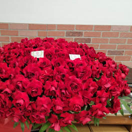 Large dome-shaped arrangement of red roses forming a dense casket spray.